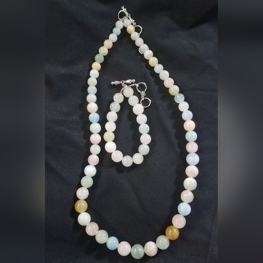 Beryl Garnet Beaded Necklace & Bracelet Rhodium Plated